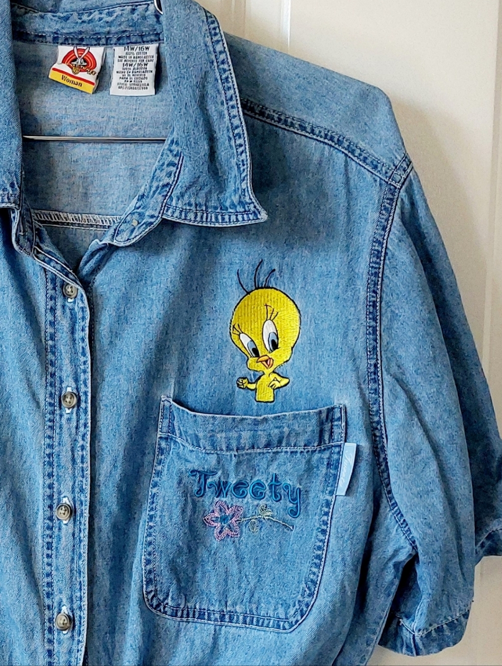 Tweety Bird Denim Chambray Shirt 14W/16W‎ Looney Tunes 90s VTG